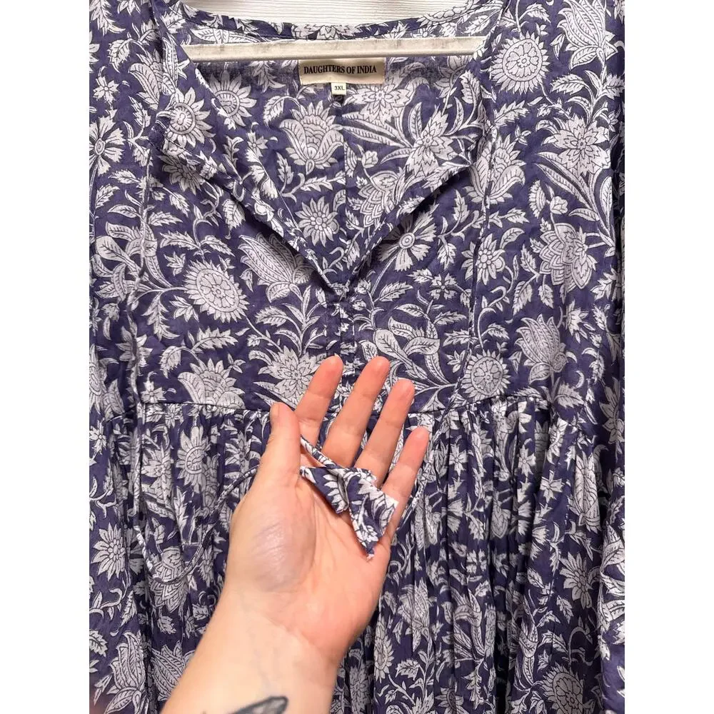 Daughters Of India Kyra Blue Iris Floral Long Peasant Sleeve Midi Dress Size 3XL